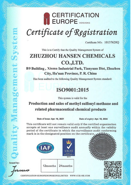 Chiny Zhuzhou Hansen Chemicals Co.,Ltd Certyfikaty