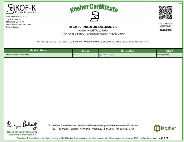Chiny Zhuzhou Hansen Chemicals Co.,Ltd Certyfikaty