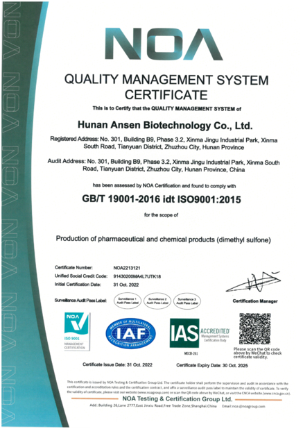 Chiny Zhuzhou Hansen Chemicals Co.,Ltd Certyfikaty