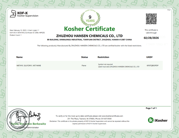 Chiny Zhuzhou Hansen Chemicals Co.,Ltd Certyfikaty